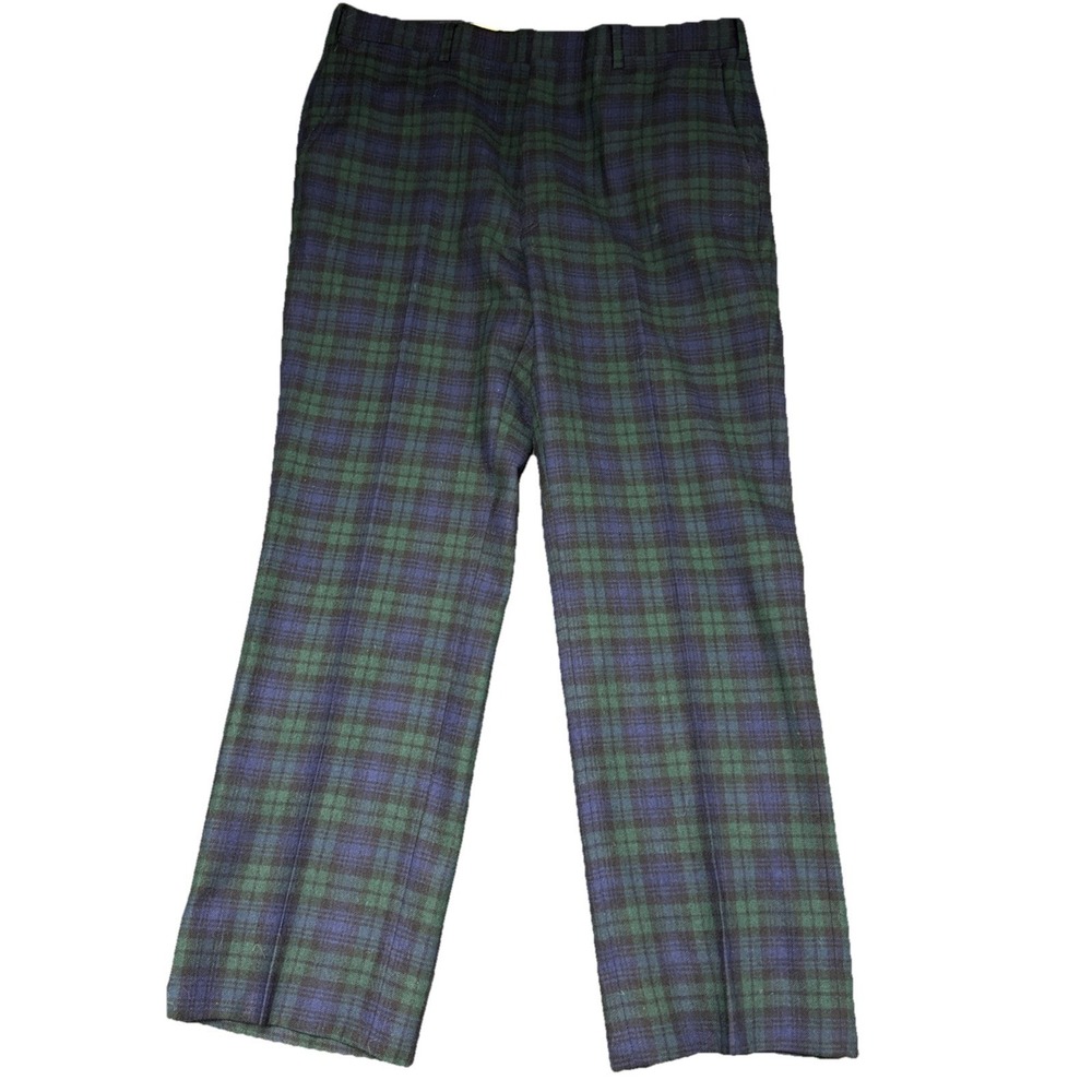 Vtg Jos A Bank Pants Mens Fits 36x30 Green Blue Tartan Plaid Wool USA flat Front